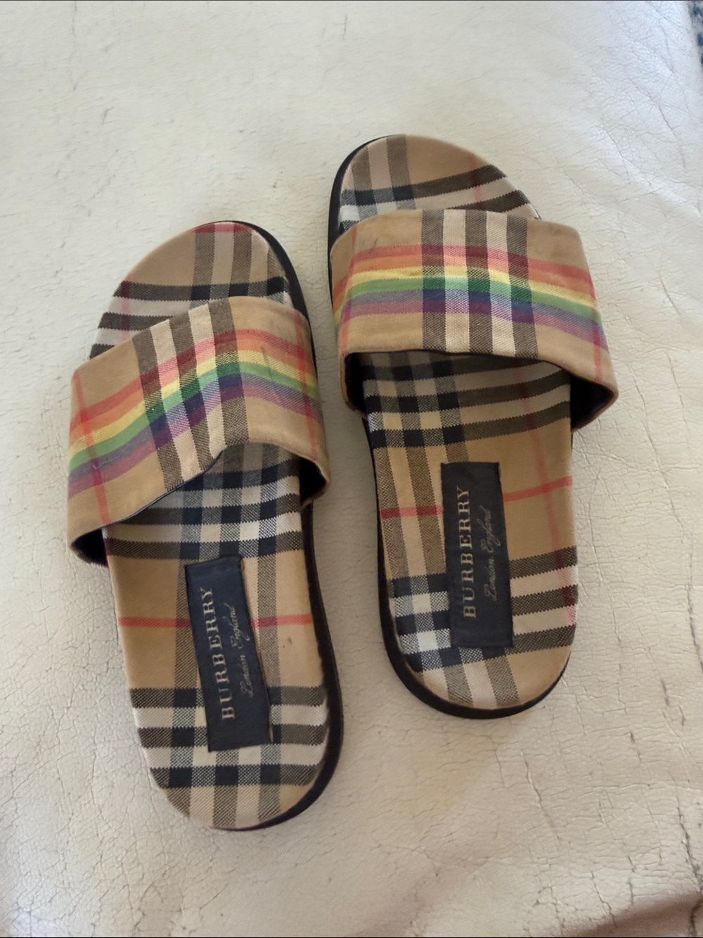 Burberry Tan Nova Check Slides with Rainbow Stripe